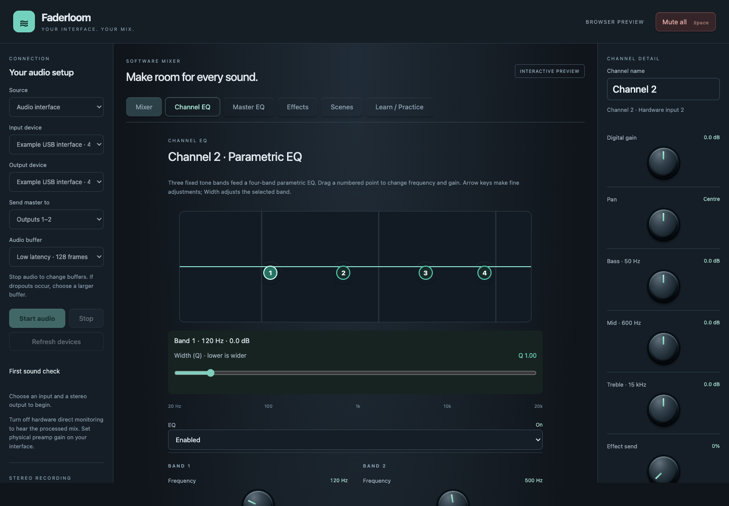 Faderloom desktop parametric EQ screen with selectable frequency bands and channel controls